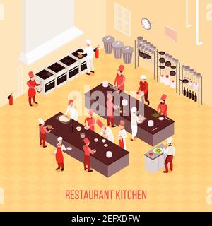 Cuisine de restaurant composition isométrique dans les tons beige avec chefs, tables pour la préparation, fours, poubelle illustration vectorielle Illustration de Vecteur