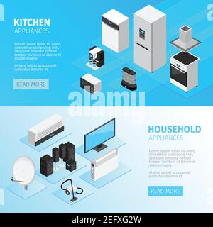 Bannières horizontales pour appareils ménagers avec équipement de cuisine et appareils numériques et illustration vectorielle isométrique des dispositifs électroniques Illustration de Vecteur