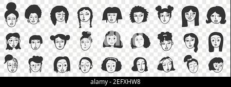 Coiffure de la femme brunette ensemble de doodle. Collection de visages féminins dessinés à la main avec des cheveux noirs avec divers portraits de coiffures courtes et longues droites et bouclés isolés sur fond transparent Illustration de Vecteur