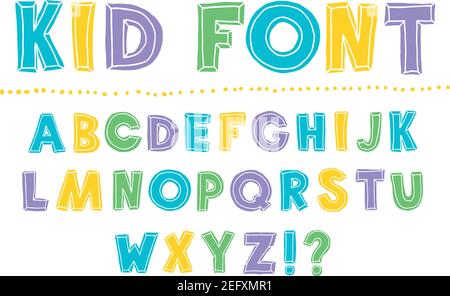 Police enfant. Police des enfants. Jeu de lettres multicolores pour les inscriptions. Illustration vectorielle d'un alphabet.police vectorielle dessinée à la main. Fait à la main Illustration de Vecteur