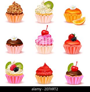 Assortiment de petits gâteaux aux couleurs vives et réalistes avec divers garnitures isolées illustration vectorielle sur fond blanc Illustration de Vecteur