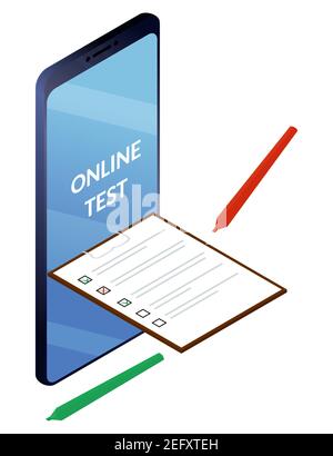 Enquêtes en ligne ou formulaire d'examen. Liste de contrôle de l'écran du smartphone et des crayons. Illustration isométrique à vecteur isolé. Illustration de Vecteur