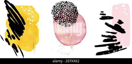 Couleur cercle aquarelle jaune rose, cercles d'encre acrylique colorés, formes rondes peintes à la main, taches noires, breloques transparentes isolées sur le blanc Illustration de Vecteur