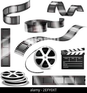 Bandes photographiques et bobines de film vierges Realistic clapper 3d monochrome défini sur une illustration vectorielle isolée sur fond blanc Illustration de Vecteur