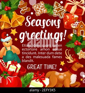 Vacances d'hiver voeux et voeux pour Joyeux Noël ou le nouvel an carte de voeux conception. Décorations de Noël vectorielles avec père Noël de saison Illustration de Vecteur