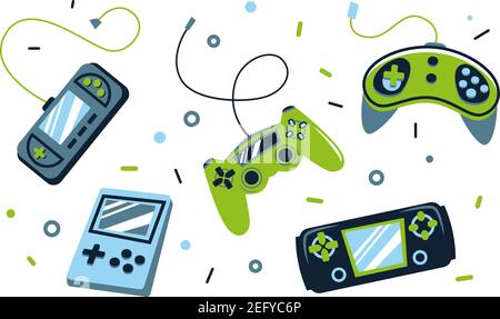 Jeu lumineux sans couture avec manettes. Manette de jeu vidéo pour les garçons et les filles. Imprimé pour les textiles et les vêtements de sport Illustration de Vecteur