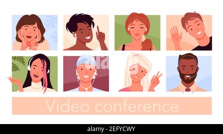 Des avatars de personnes pour la vidéo conférence et le chat de médias sociaux, les visages des jeunes filles et des jeunes garçons Illustration de Vecteur