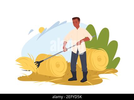 Agriculteur travaillant sur le terrain, ouvrier du village rassemblant le foin avec la fourche dans une botte de foin ronde Illustration de Vecteur