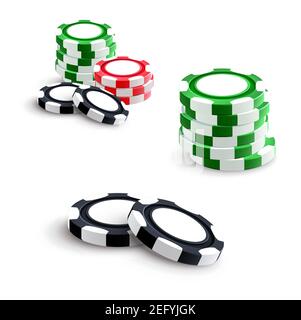 Jetons de jeu de poker de casino ou jetons de pari. Vecteur isolé jeu de poker vert, rouge et noir jetons pile piles ensemble pour le poker de casino en ligne, jeu de slo Illustration de Vecteur