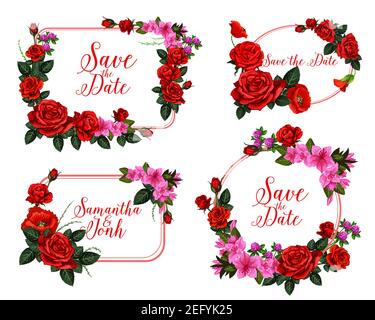 Carte de mariage avec cadre fleuri Save the Date. Couronne rose rouge, coquelicot, trèfle et fleur de lys rose pour les fêtes de mariage et les anniversaires g Illustration de Vecteur