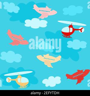Motif sans couture avec avions de dessin animé au-dessus du ciel avec des nuages Illustration de Vecteur