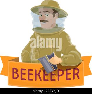 Icône de bande dessinée isolée uniforme. Apiarist en costume de protection et chapeau avec ruche fumeur, complété par ruban bannière et texte Beekeepe Illustration de Vecteur