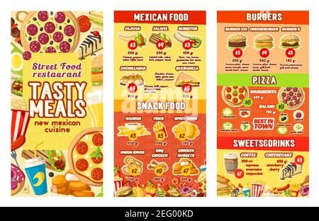Modèle de conception de menu de restauration rapide pour les repas de rue, les hamburgers ou les pizzas et la cuisine mexicaine. Vector prix pour fastfood cheeseburger sandwich, chaud Illustration de Vecteur