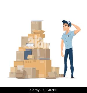 L'icône de livraison de courrier postal de la pile de Postman et de colis pour l'expédition. Conception vectorielle de mailman en uniforme regardant soigneusement les boîtes de courrier et de laisser Illustration de Vecteur