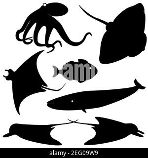 Ensemble de silhouettes de poisson isolées sur blanc Illustration de Vecteur