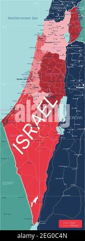 Israël carte détaillée modifiable avec régions villes, routes et chemins de fer, sites géographiques. Fichier vectoriel EPS-10 Illustration de Vecteur