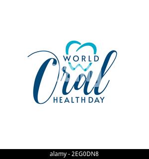 Logo isolé avec lettrage typographique de la Journée mondiale de la Santé bucco-dentaire et forme de coeur. Logo dentaire. Illustration de Vecteur