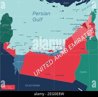 Pays des Émirats arabes Unis carte détaillée modifiable avec régions villes, routes et chemins de fer, sites géographiques. Fichier vectoriel EPS-10 Illustration de Vecteur