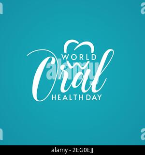 Logo avec lettrage typographique de la Journée mondiale de la Santé bucco-dentaire et forme de coeur sur fond turquoise. Logo dentaire. Illustration de Vecteur