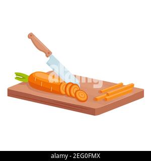 Coupez la carotte pour cuisiner des aliments sains, couteau de cuisine isométrique coupant des tranches de carottes crues Illustration de Vecteur