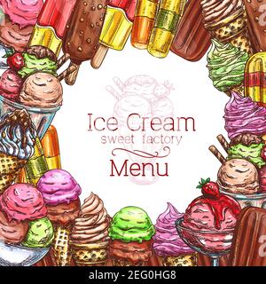Menu de glace dessin pour gelateria ou café de glace. Modèle vectoriel de sundae au chocolat eskimo ou sorbet aux fruits et aux baies avec glaçage au caramel Illustration de Vecteur