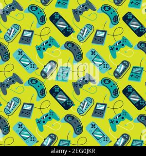 Motif lumineux sans couture avec manettes. Manette de jeu vidéo pour les garçons et les filles. Imprimé pour les textiles et les vêtements de sport Illustration de Vecteur