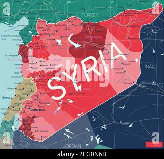 Syrie carte détaillée modifiable avec régions villes, routes et chemins de fer, sites géographiques. Fichier vectoriel EPS-10 Illustration de Vecteur