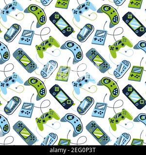Motif lumineux sans couture avec manettes. Manette de jeu vidéo pour les garçons et les filles. Imprimé pour les textiles et les vêtements de sport Illustration de Vecteur