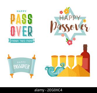 Concept de célébration de Pesah , fête de la Pâque juive. Cartes de vœux avec icônes traditionnelles, quatre verres à vin, Matzah et fleurs printanières. Vector Illustration de Vecteur