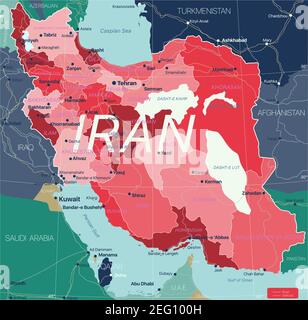 Iran carte détaillée modifiable avec régions villes, routes et chemins de fer, sites géographiques. Fichier vectoriel EPS-10 Illustration de Vecteur