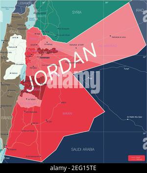 Carte détaillée modifiable du pays de la Jordanie avec régions villes, routes et chemins de fer, sites géographiques. Fichier vectoriel EPS-10 Illustration de Vecteur