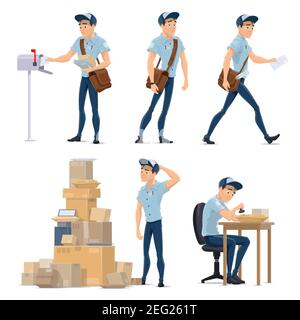 Icône de dessin animé de Postman pour l'occupation du service postal. Mailman en uniforme bleu avec sac de livraison de la lettre à la boîte aux lettres et employé de bureau de poste de tri du courrier, Illustration de Vecteur