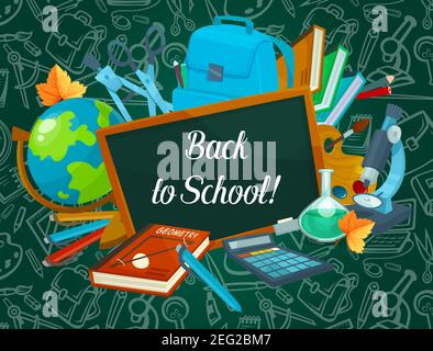 Affiche de retour à l'école du sac d'école et de la papeterie de leçon motif craie sur tableau noir vert. Livre vectoriel ou bloc-notes et calculatrice mathématique, stylo o Illustration de Vecteur