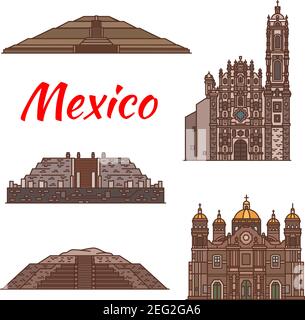 Monuments de l'architecture du Mexique et célèbres bâtiments Aztec façades icônes de ligne. Ensemble vectoriel de cathédrales mexicaines et châteaux monastère de San Francisco Xa Illustration de Vecteur