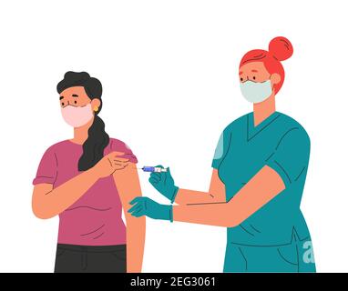 Une infirmière féminine produit un vaccin à une patiente. Illustration de Vecteur