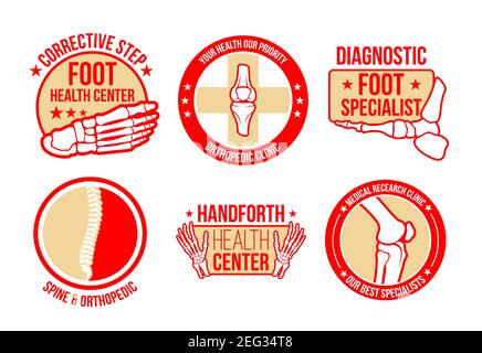 Centre de santé orthopédique ou hôpital de thérapie corrective, modèles d'icônes. Symboles vectoriels isolés des articulations du pied et de la colonne vertébrale os pour le corps orthopédique d Illustration de Vecteur