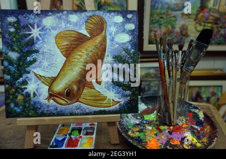 Fait à la main, Art, peinture, couleur de l'huile, de bon augure , poisson d'Arowana, Lucky , pays thaïlandais Banque D'Images