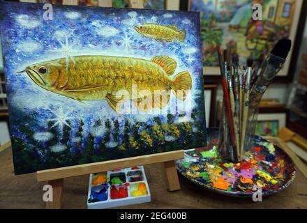 Fait à la main, Art, peinture, couleur de l'huile, poisson de l'Arowana, Lucky, pays thaïlandais Banque D'Images