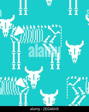 Squelette de vache pixel art motif sans couture. Arrière-plan os animaux de ferme 8 bits. Texture anatomique Bull. Décoration vectorielle Illustration de Vecteur