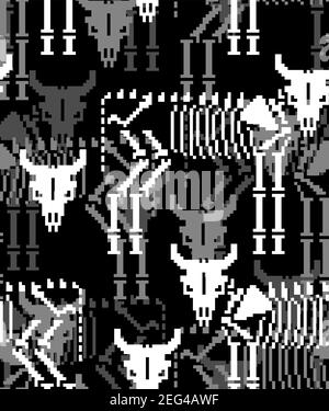 Squelette de vache pixel art motif sans couture. Arrière-plan os animaux de ferme 8 bits. Texture anatomique Bull. Décoration vectorielle Illustration de Vecteur