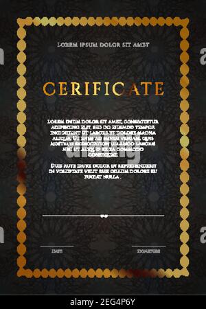 Certificat de luxe gagnant, modèle de conception vertikal, diplôme vierge avec guilloches dans les tons noir et or Illustration de Vecteur
