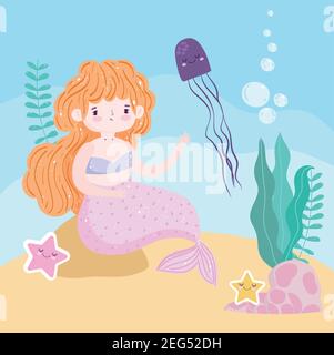 Blonde Mermaid assis sur le rocher avec illustration de vecteur d'algues jellyfih dessin animé Illustration de Vecteur