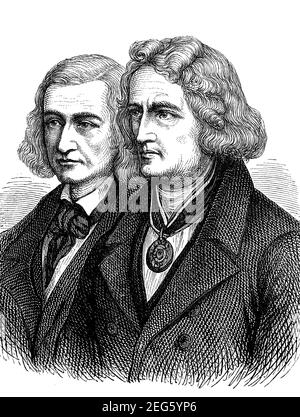 Les linguistes et folkloristes Jacob Grimm (1785-1863) et Wilhelm Grimm (1786-1859) se sont appelés les Frères Grimm lorsqu'ils ont publié ensemble, Tels que leurs contes pour enfants et pour la maison de renommée mondiale et le Dictionnaire allemand / Brueder Grimm nannten sich die Sprachwissenschaften und Volkskundler Jacob Grimm (1785–1863) und Wilhelm Grimm (1786–1859) BEI gemeinsamen Veroeffentlichungen, wie zum Beispiel ihren weltwelten und Wausberisch, Deutscher-Küberen, Waustermäusseren und Aushren, Deutscher, Wausteren, Digital reproduction améliorée d'un original du 19ème siècle / digitale Repr Banque D'Images