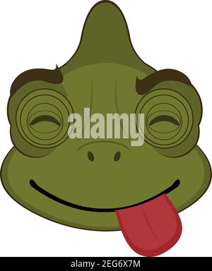 Illustration vectorielle d'émoticone dessin animé de la tête d'un caméléon avec une expression joyeuse de plaisir avec ses yeux fermés et en collant sa langue Illustration de Vecteur