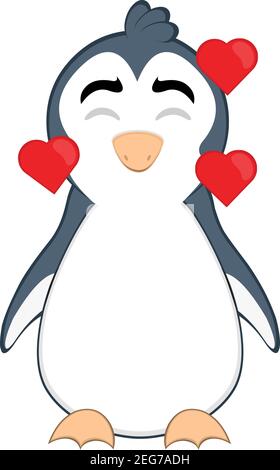 Vecteur émoticône illustration dessin animé de la tête d'un pingouin avec une expression de joie, dans l'amour entouré de coeurs Illustration de Vecteur