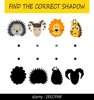 Trouvez l'ombre correcte. Carte éducative pour les enfants. Animaux mignons. Jeu logique pour les enfants. Éducation à domicile. Illustration vectorielle de dessin animé colorée. Illustration de Vecteur