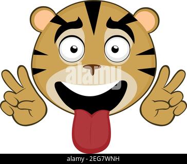 Illustration vectorielle d'émoticone dessin animé de la tête d'un tigre avec une expression heureuse, en collant sa langue et un geste de ses mains d'amour et de paix Illustration de Vecteur