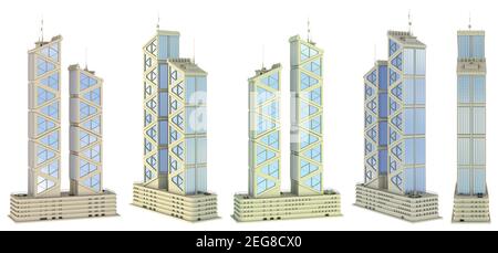5 vues d'angles divers rendus de conception fictive bâtiments hauts abstraits avec deux tours avec réflexions de ciel - isolé sur blanc, illustration 3d o Banque D'Images