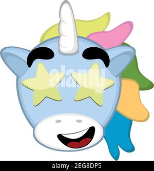 Illustration vectorielle dessin animé de la tête d'une licorne ayant une expression joyeuse, avec des étoiles dans les yeux lumineux Illustration de Vecteur