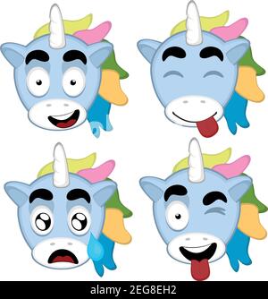 Illustration vectorielle des expressions d'un dessin animé unicorn Illustration de Vecteur